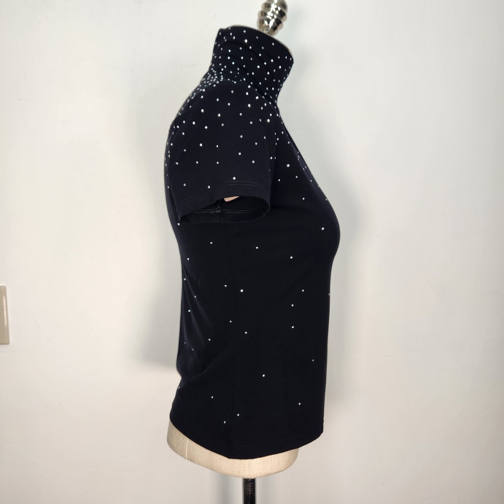 St. John Caviar Womens Black Studded Mock Neck Short Sleeve Top M Sparkle - Picture 4 of 11